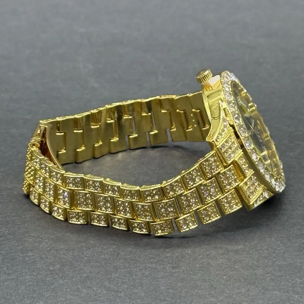 Gold Tone Iced Out Watch Green Dial Roman Numerals Crystal Date Bling Mens NEW